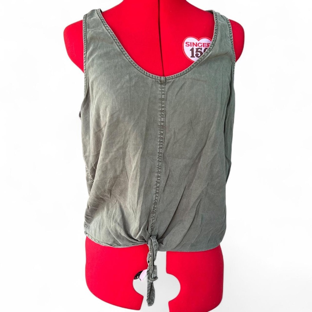 PrAna olive green cotton tank top with tie front detail, size Large